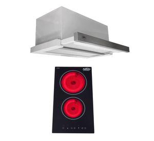 Kit Encimera eléctrica vitrocerámica 2 quemadores + Campana retráctil gris