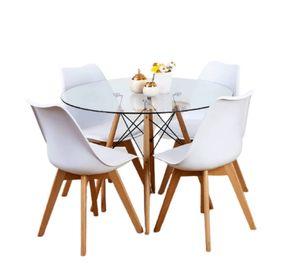 Comedor Mesa Eames Redonda De Vidrio 80cm Y 4 Sillas Tulip Blancas