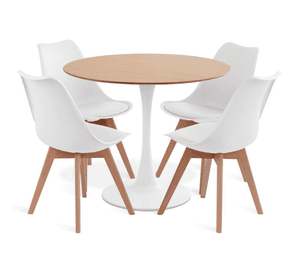 Comedor Mesa Tulip Wood Blanca Con 4 Sillas Tulip Acolchada Blancas