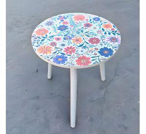 Mesa Centro Living Bohemio Flores Madera Redonda Decorativa