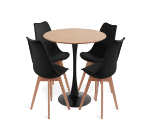 Comedor Mesa Tulip Wood Negra Con 4 Sillas Tulip Acolchada Negras