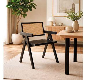 Silla Aurora Plus con Apoyabrazos en Madera de Fresno Negra y Respaldo de Ratán Natural