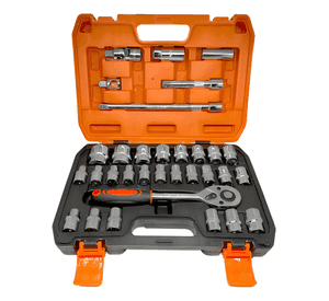 Juego De Dados Con Chicharra Y Extension 1/2'' 32pcs Maleta Color Naranja Negro Plateado