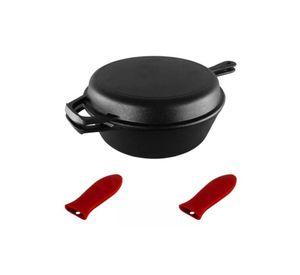 Dutch Oven Ø26 cm - Incluye 2 Sartenes de Hierro Fundido y 2 Grip, Color Negro