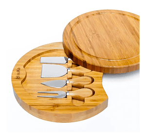Tabla quesos madera redonda con 4 cuchillos