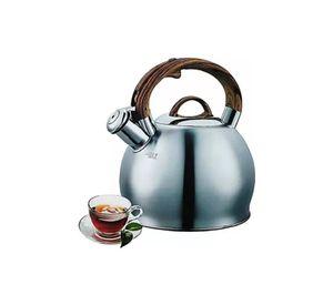 Tetera con Silbato - 2.5 L, Acero Inoxidable, Manija de Madera, Color Plateado