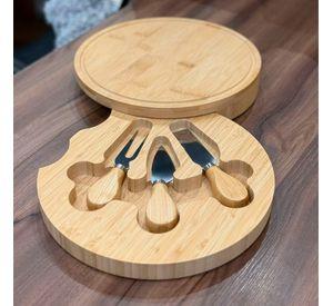 Tabla De Bambú Para Quesos Con 3 Cubiertos Acero Inoxidable Redonda