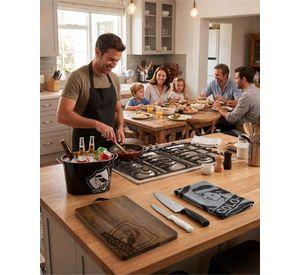 Set Asador Parrillero Tabla de Madera Cuchillos y Balde Metálico A1