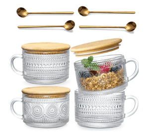 4 Tazas De Caf Vintage Tapa Bamb Y Cucharas 415ml Transparente Vintage