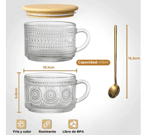 4 Tazas De Caf Vintage Tapa Bamb Y Cucharas 415ml Transparente Vintage