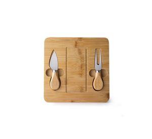 Set 3 Piezas Tabla De Quesos Madera Bambú Cuadrada  Con Cubiertos