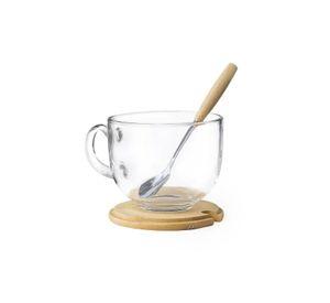 Taza MUG Vidrio Cuchara Posavasos Bambú Vidrio Yirax 420 ML