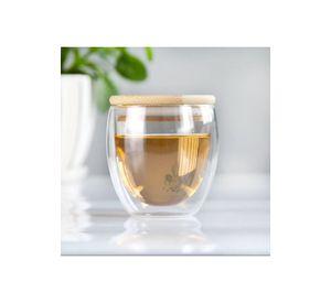 Vaso MUG Vidrio Doble Capa Tapa Bambú 260 ML