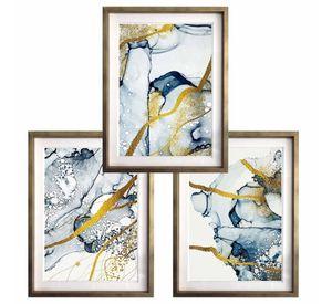 Set 3 Cuadros Dorado Abstractos Azul 30X40