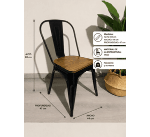 Silla Tolix Industrial Metal Negro con Asiento de Madera Apilable
