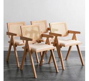 Pack 4 Silla Comedor Chandigarh Madera Natural Cojín Lino Venhoouse