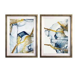 Set 2 Abstractos En Azul Y Oro 50X70 Marco Dorado