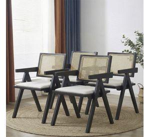 Pack 4 Silla Comedor Chandigarh Madera Negra Cojín Lino Venhoouse