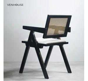Pack 4 Silla Comedor Chandigarh Madera Negra Cojín Lino Venhoouse