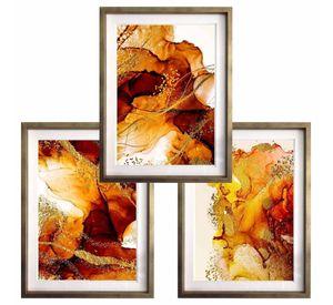 Set 3 Abstracto Rojo Y Naranjo 40X50 Marco Dorado