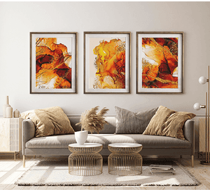Set 3 Abstracto Rojo Y Naranjo 40X50 Marco Dorado