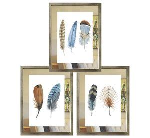 Set 3 Cuadros Plateado Plumas Espejo 40X50