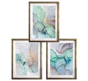 Set 3 Abstracto Turquesa 50X70 Marco Dorado