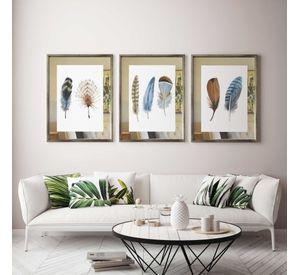 Set 3 Cuadros Plateado Plumas Espejo 30X40
