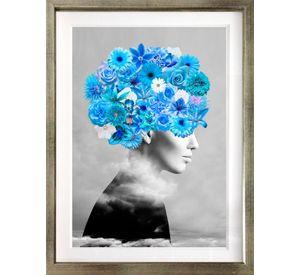 Cuadro Collage Perfil Floral Azul 40x50 cm Marco Plateado