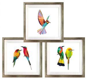 Set 3 Cuadros Plateado Pajaros Geométricos 40X40