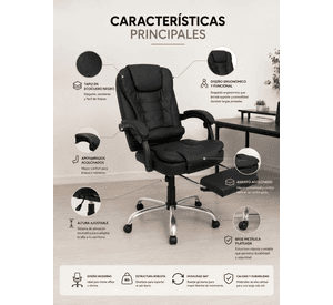 Silla de Escritorio Ergonomica Rex Ecocuero Negro Reclinable con Apoyapies