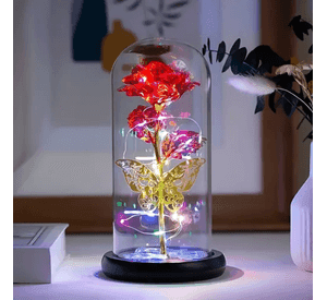 Rosa eterna roja cúpula vidrio mariposa led