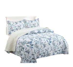 Cubrecama Sherpa 2 Plazas - Blanco con diseño Floral Rústico en tonos azul, gris y blanco M964