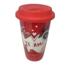Vaso Cerámica Para Café Te Amo Con Tapa De Silicona 410 Ml