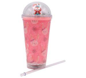 Vaso Rosado Conejo Rosado con Glitter y Bombilla Kawaii