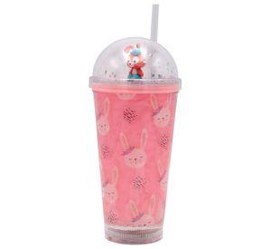 Vaso Rosado Conejo Rosado con Glitter y Bombilla Kawaii