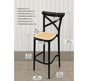 X4 Taburete Negro de 75cm para Quincho Barra Terraza Estilo Ratán Arizona