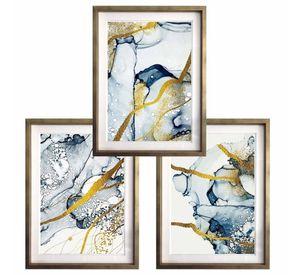 Set 3 Abstracto Azul Y Oro 50X70 Marco Dorado