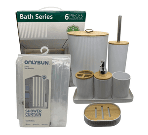 Juego Accesorios Set De Baño 6 Piezas Bambú Cepillo WC Blanco + Cortina De Obsequio