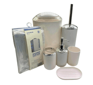 Juego Accesorios Set De Baño 6 Piezas Cepillo WC Blanco + Cortina De Obsequio