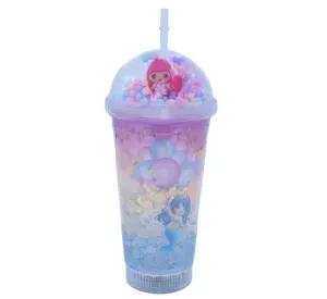 Vaso Con Bombilla Diseño Sirena Pelo Rosado Pelotitas y Luz Led Kawaii