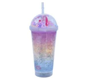 Vaso Con Bombilla Diseño Sirena Pelo Rosado Pelotitas y Luz Led Kawaii