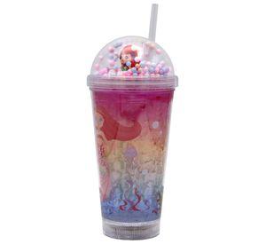 Vaso Con Bombilla Diseño Sirena Pelo Rojo Pelotitas y Luz Led Kawaii