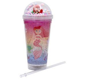 Vaso Con Bombilla Diseño Sirena Pelo Rojo Pelotitas y Luz Led Kawaii