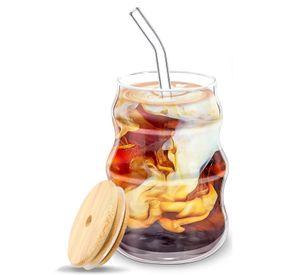 Vaso Lata De Vidrio Ondulado 400ml Con Tapa Bamb Y Bombilla