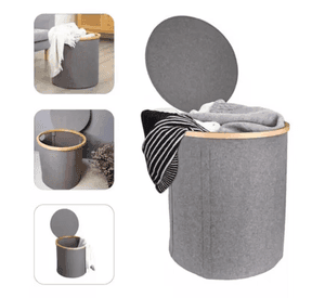 Cesto Canasto Ropa Sucia Plegable Borde Madera Con Tapa Redonda Gris