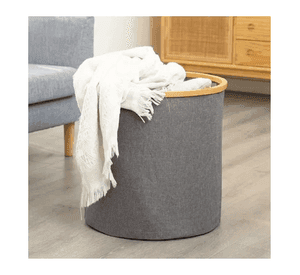 Cesto Canasto Ropa Sucia Plegable Borde Madera Con Tapa Redonda Gris
