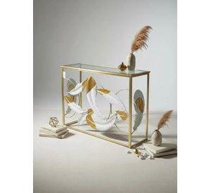 Mesa De Arrimo Elegante, Diseño Plumas Y Tonos Dorados
