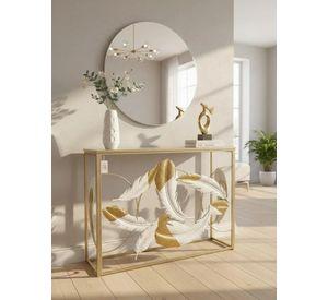 Mesa De Arrimo Elegante, Diseño Plumas Y Tonos Dorados
