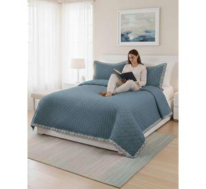 CUBRECAMAS QUILT BORDADOS 2 PLAZA EXTRA SUAVE AZUL PELTROLEO
